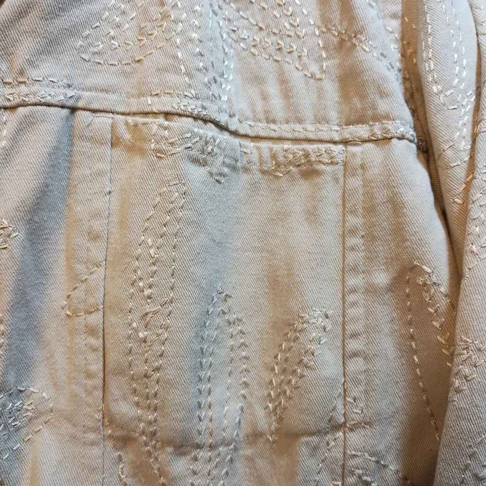Studio Works Tan Cotton Embroidered Leaf Trucker‎ Jacket Beige Womens 8 Cottage